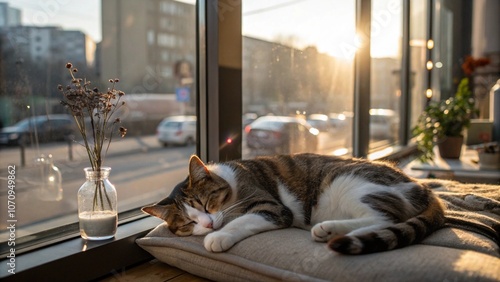 Tranquil tabby cat sleeping on a cushion by a window overlooking a city street during sunset. A peaceful and cozy urban scene blending feline relaxation with warm urban lighting.