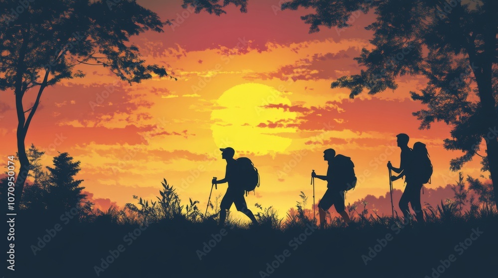 Silhouettes of Hikers at Sunset in a Mountain Landscape Silhouettes of Hikers at Sunset in a Mountain Landscape