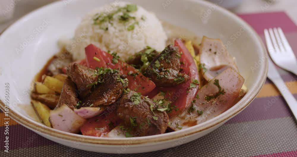 Close-Up of Sautéed Loin, Lomo Saltado – Culinary Footage Close-Up of Sautéed Loin, Lomo Saltado – Culinary Footage
