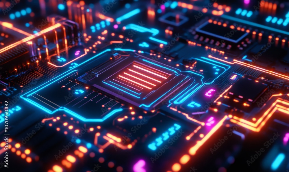 A close-up of a circuit board with glowing neon lines A close-up of a circuit board with glowing neon lines