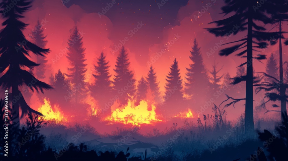 Fototapeta premium Forest Fire: Burning Trees and a Red Sky