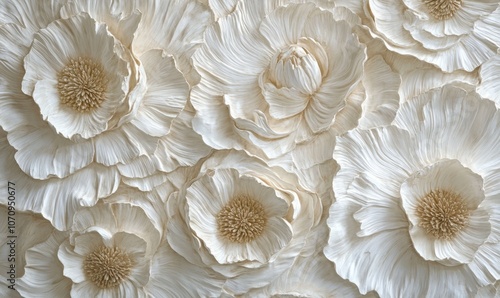 A close-up view of a collection of white flowers with layered petals, creating a textured and detailed pattern