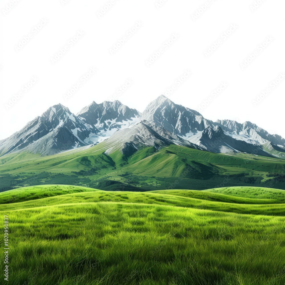 Fototapeta premium Lush green grass is growing on rolling hills in front of snow capped mountains