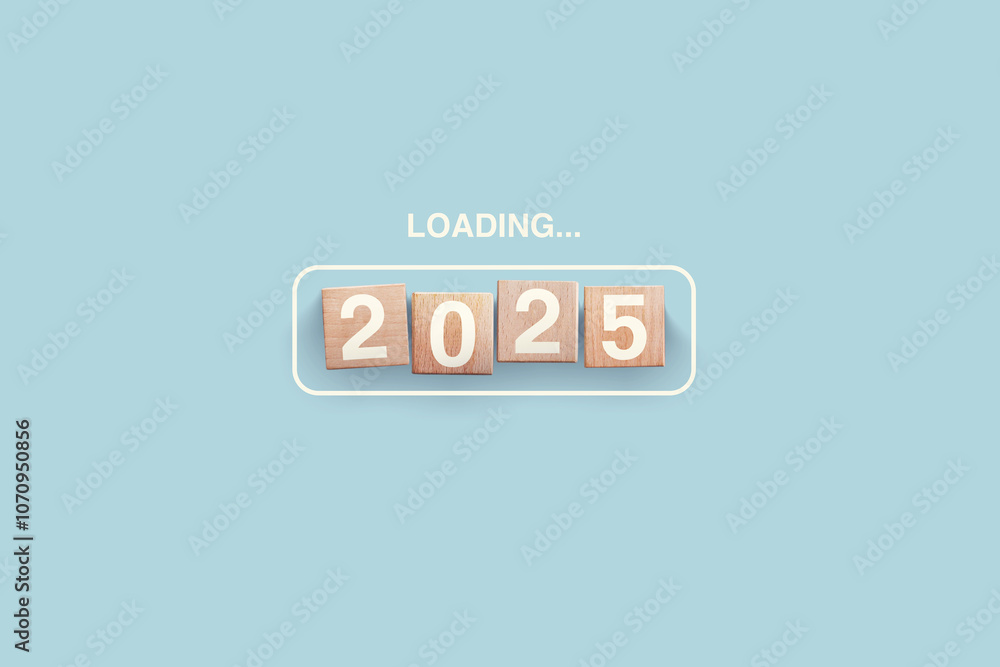2025 New Year Loading. Loading bar with wooden blocks 2025 on blue background. Start new year 2025 with goal concept, action plan, strategy, new year business vision 2025 New Year Loading. Loading bar with wooden blocks 2025 on blue background. Start new year 2025 with goal concept, action plan, strategy, new year business vision