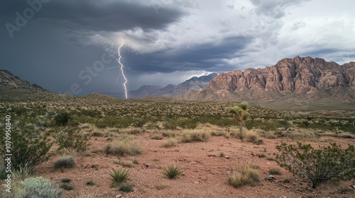 Dramatic Thunderstorm and Lightning Over Desert Landscape