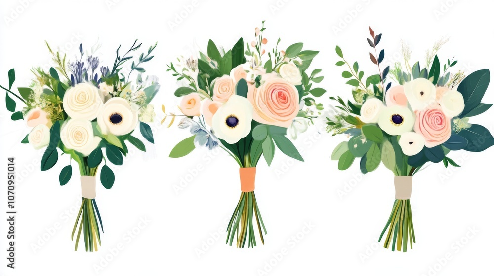 Naklejka premium Elegant Wedding Bouquets: White & Pink Roses with Green Foliage