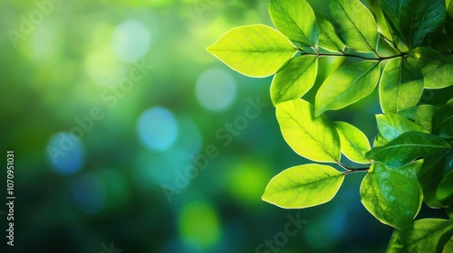 A close-up of vibrant green leaves against a blurred background, evoking a serene natural atmosphere.