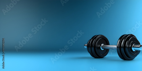 A sleek dumbbell symbol placed on the right side, set apart on a wide blue background, ready for customization, at a 3:2 ratio and size reduced by 50%.