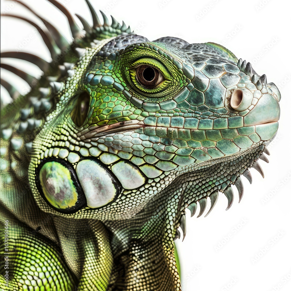 Green iguana posing in studio on a white background, showing its beautiful scales Green iguana posing in studio on a white background, showing its beautiful scales