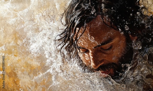 An artistic depiction of Jesus being baptized, showing a peaceful expression as water flows over him, symbolizing spiritual renewal