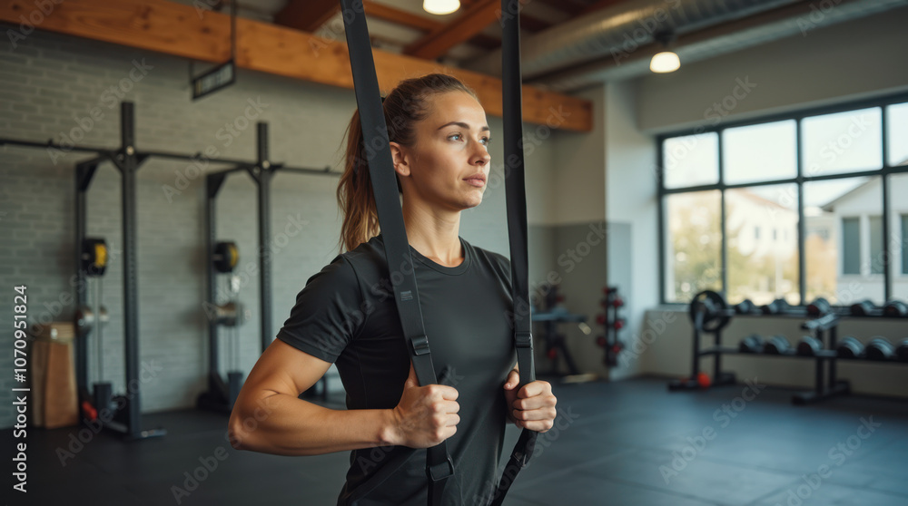 Fototapeta premium Athlete performs suspension training in a modern gym during daytime