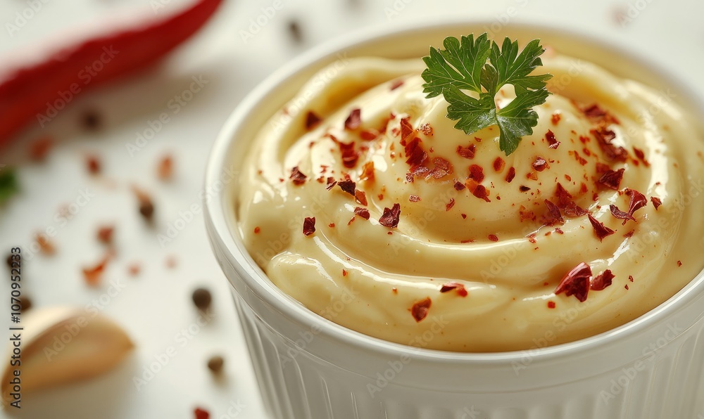 A close-up of a bowl of spicy mayonnaise garnished with red chili flakes and fresh parsley, with a whole dried red chili pepper on top, on a light background A close-up of a bowl of spicy mayonnaise garnished with red chili flakes and fresh parsley, with a whole dried red chili pepper on top, on a light background