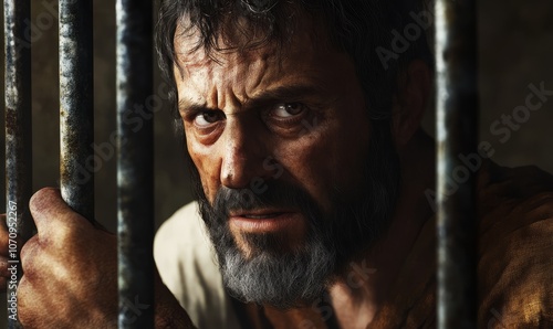 Apostle Paul in prison, gripping bars, reflecting with a determined expression.