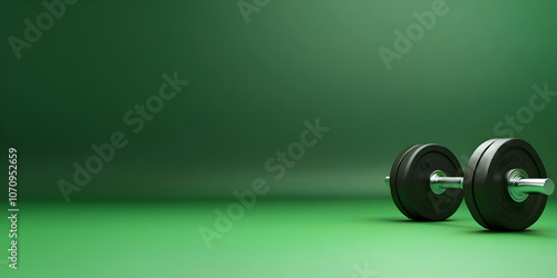 A realistic dumbbell icon situated on the right side against a panoramic green background, with plenty of room for text.