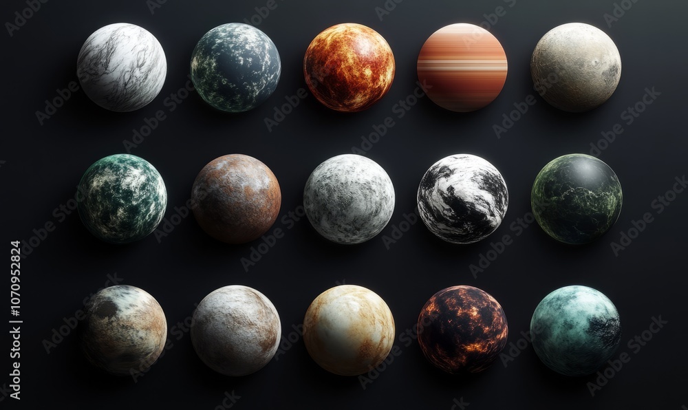 A collection of 15 different planets, each with unique colors and surface textures, arranged in a five-by-three grid pattern against a dark background A collection of 15 different planets, each with unique colors and surface textures, arranged in a five-by-three grid pattern against a dark background