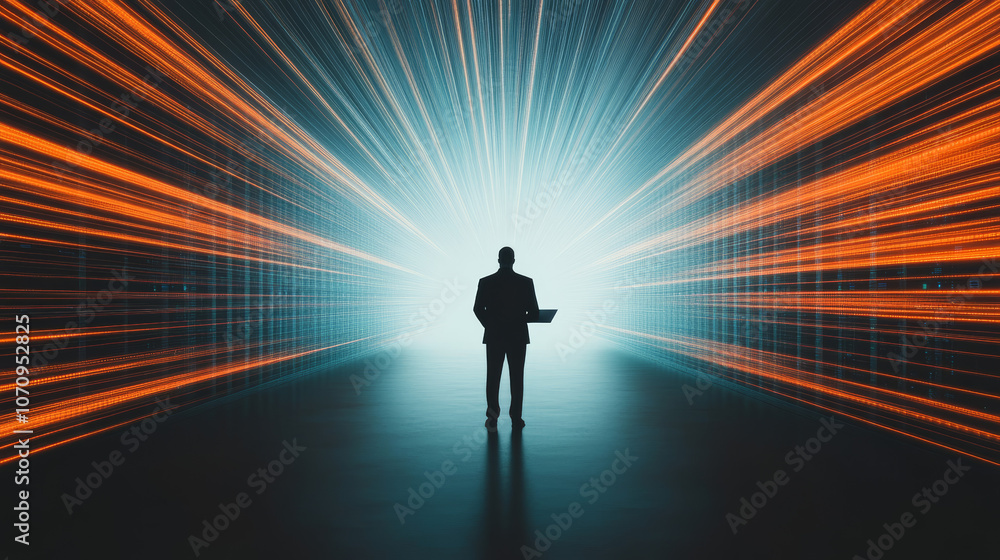 Silhouette of a businessman standing in a futuristic hallway with bright light at the end. Silhouette of a businessman standing in a futuristic hallway with bright light at the end.