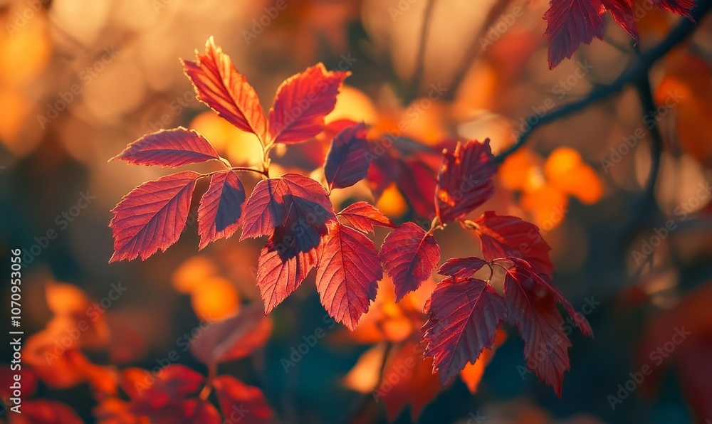 Background autumn. Red and yellow leaves are illuminated by the warm autumn sun Background autumn. Red and yellow leaves are illuminated by the warm autumn sun