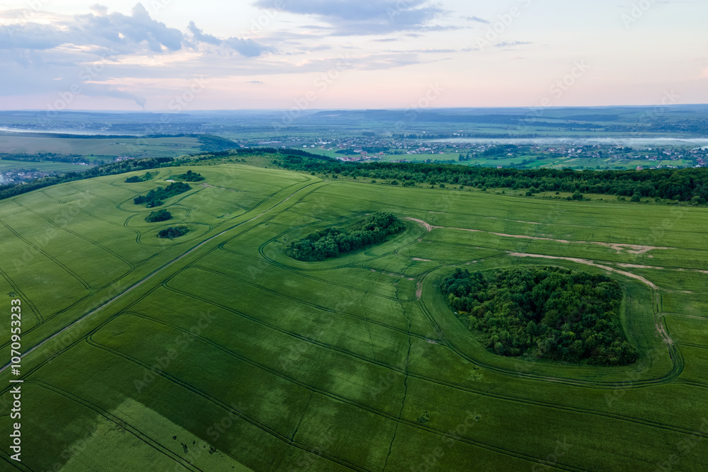 Aerial view of green farm fields in summer season with growing crops. Farming and agriculture industry Aerial view of green farm fields in summer season with growing crops. Farming and agriculture industry