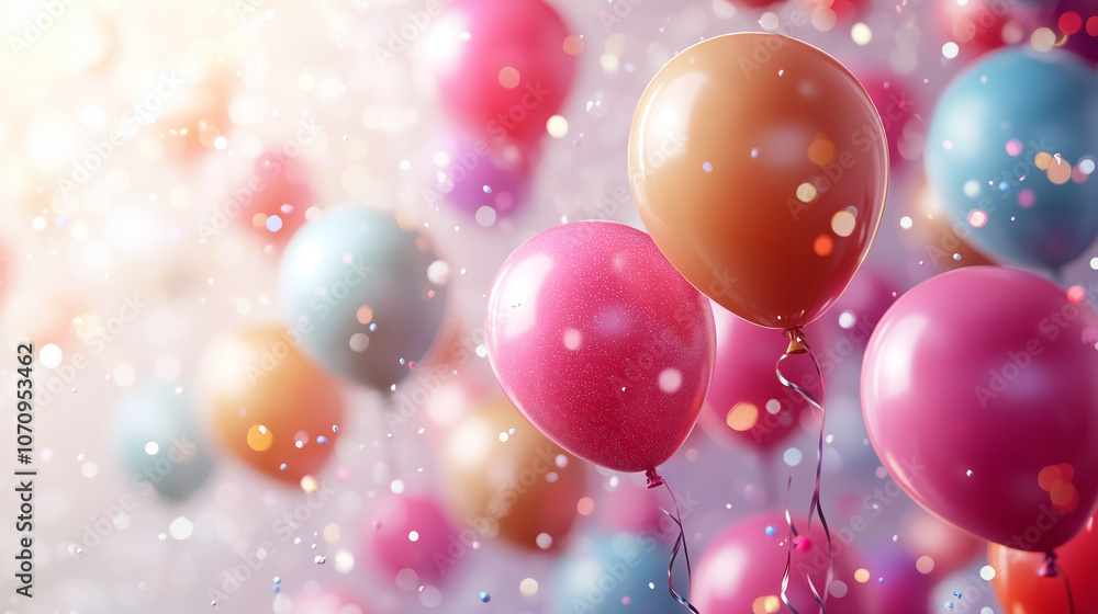 Multicolored balloons with sparkles and confetti on soft pastel background Multicolored balloons with sparkles and confetti on soft pastel background