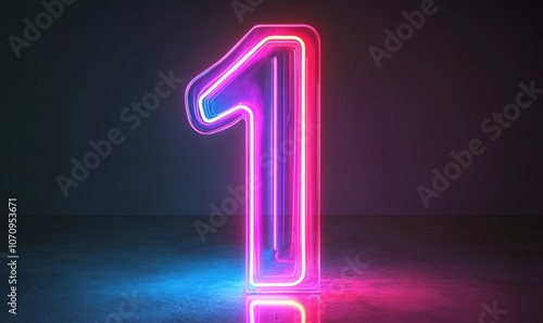 Neon number one. Glowing colorful line inside the glass symbol 1 shape. Top chart