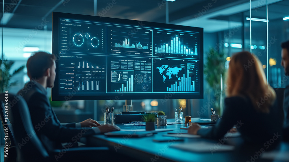 Business professionals analyzing data on large digital screen. Executive boardroom with a team analyzing financial Business professionals analyzing data on large digital screen. Executive boardroom with a team analyzing financial