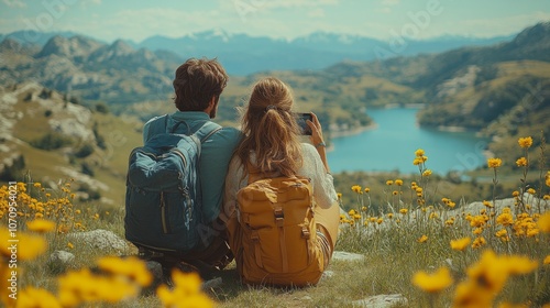 A couple sits together on a grassy hill, admiring a tranquil lake flanked by majestic mountains. Sunlight brightens the vibrant wildflowers around them.