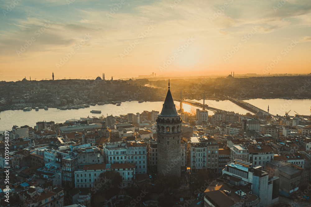Obraz premium Galata Tower. Aerial view of Galata Tower at sunset. Golden Horn Metro Bridge are in the background. A unique view of Istanbul.