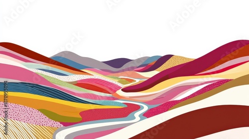 Colorful Abstract Landscape Illustration with Flowing Hills and Rolling Mountains