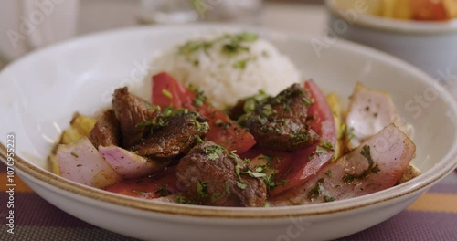 Close-Up of Sautéed Loin, Lomo Saltado – Culinary Footage