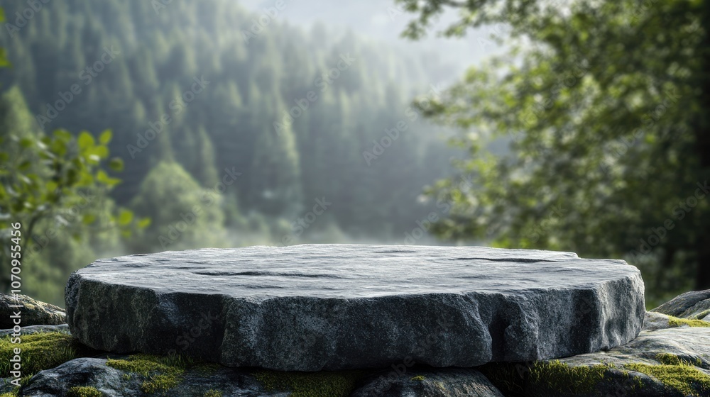 A flat stone platform surrounded by lush greenery in a serene natural setting. A flat stone platform surrounded by lush greenery in a serene natural setting.