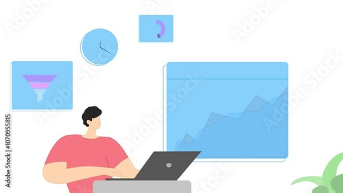 Man working on laptop for long hours, managing tasks, sales