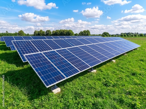 Drone aerial photograph of solar panels in the countryside making renewable, sustainable energy