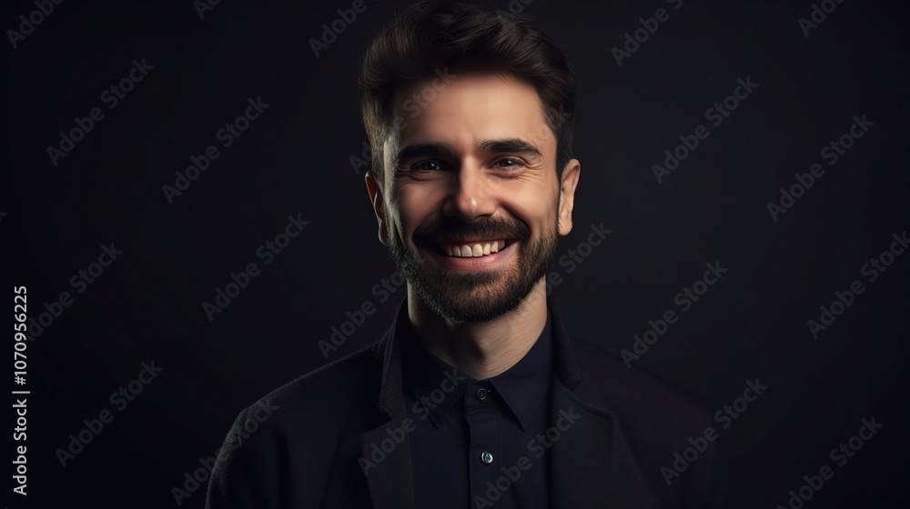 Confident Man Smiling in Dark Environment Confident Man Smiling in Dark Environment