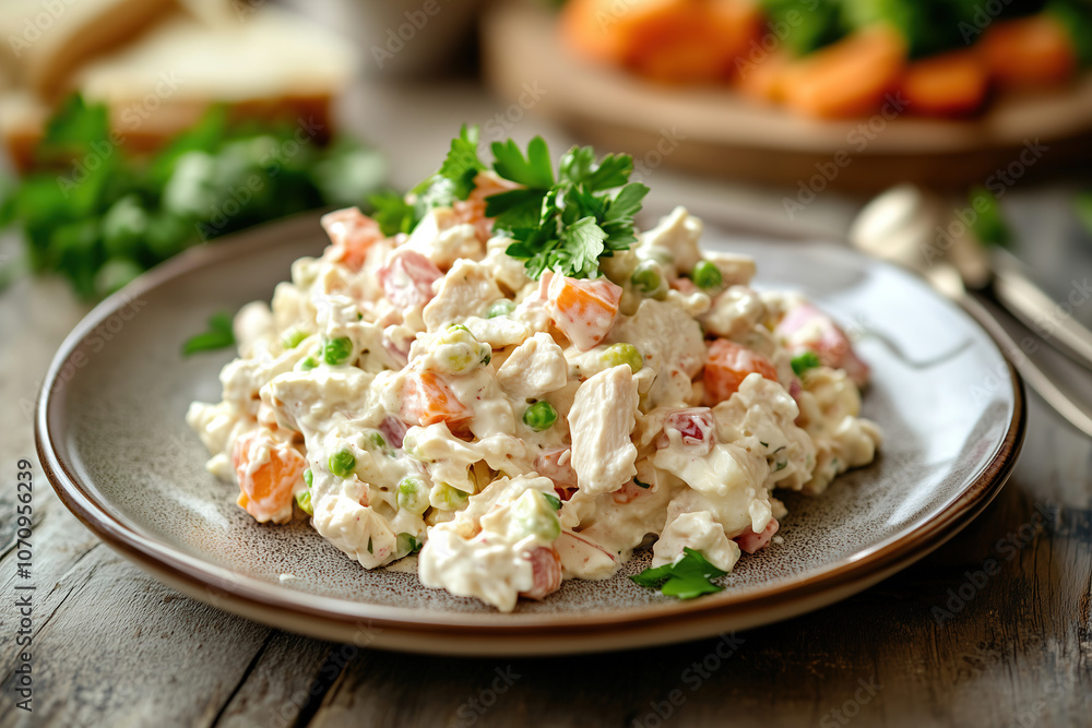 Delicious chicken salad with peas and carrots served on a rustic wooden table during a cozy meal gathering. Generative AI Delicious chicken salad with peas and carrots served on a rustic wooden table during a cozy meal gathering. Generative AI