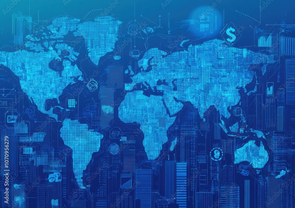 Digital map of global network and financial icons on a blue background with buildings in a city for an online business, marketing, or digital trade concept Generative AI Digital map of global network and financial icons on a blue background with buildings in a city for an online business, marketing, or digital trade concept Generative AI