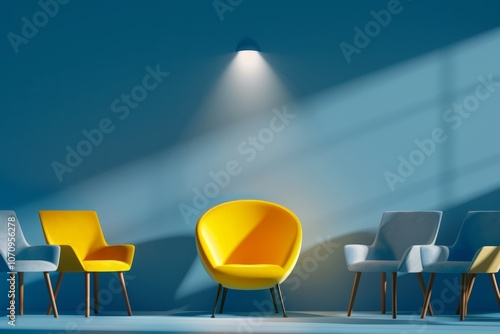 Yellow chair popping out among subdued chairs, under a spotlight against a blue studio backdrop