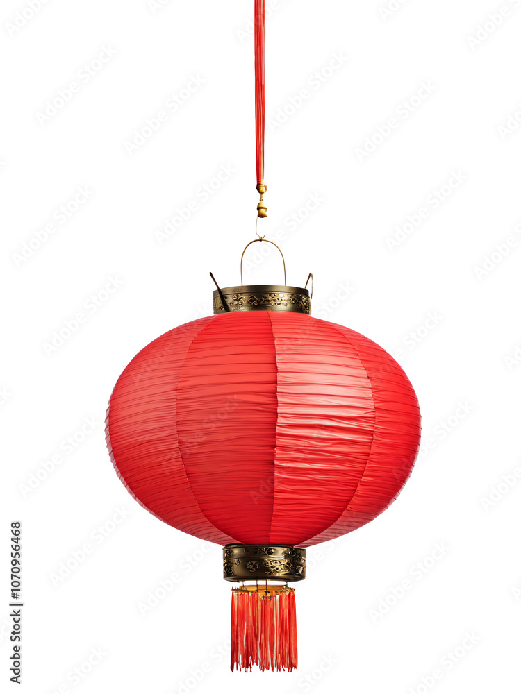 A circular red Chinese lantern hangs in the center of the image on isolated PNG background. A circular red Chinese lantern hangs in the center of the image on isolated PNG background.