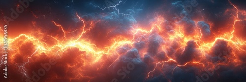 A dramatic, fiery lightning strike illuminates a dark stormy sky photo