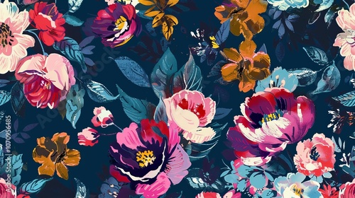 A vibrant floral pattern with pink, red, and yellow flowers on a deep blue background.