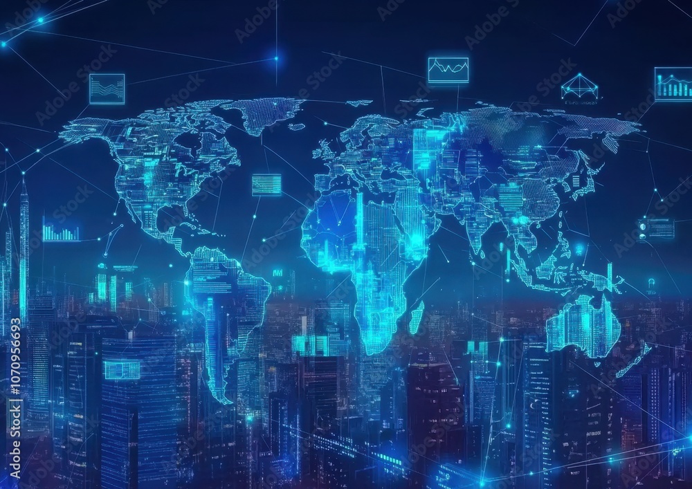 A digital map of the world with global network connections and financial icons on buildings in a cityscape background, with a blue color theme Generative AI A digital map of the world with global network connections and financial icons on buildings in a cityscape background, with a blue color theme Generative AI