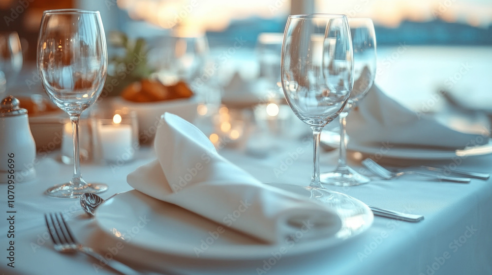 Classy Backdrop With A Close-Up View Of The Elegant Dining Area Aboard A Cruise Ship, Complete With Fine Table Settings, Ocean Views Through Large Windows, And Soft Lighting Classy Backdrop With A Close-Up View Of The Elegant Dining Area Aboard A Cruise Ship, Complete With Fine Table Settings, Ocean Views Through Large Windows, And Soft Lighting
