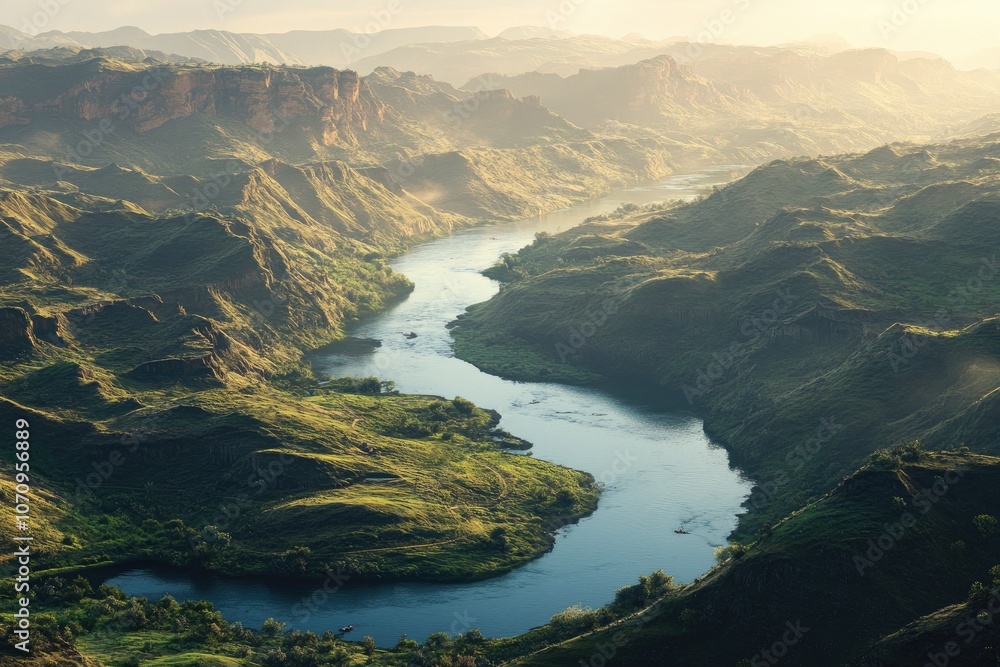 Fototapeta premium A Winding River Carving Through a Verdant Mountain Range