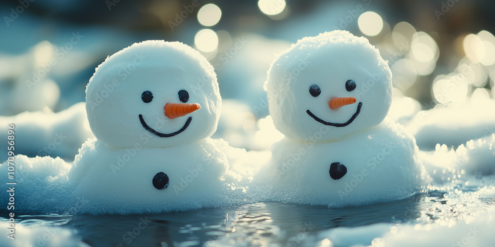 Obraz premium Joyful marshmallow snowmen enjoying a playful moment on a sunny winter day