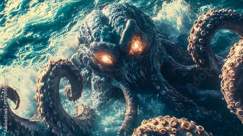 The monstrous Kraken, a legendary creature from various sea tales, a giant octopus with massive tentacles capable of sinking entire ships. photo