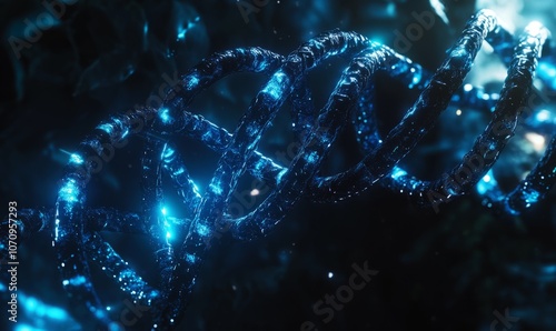 Close-up of a helical biological structure, possibly DNA, with a glowing blue color, symbolizing science, genetics, and molecular biology in a futuristic style photo