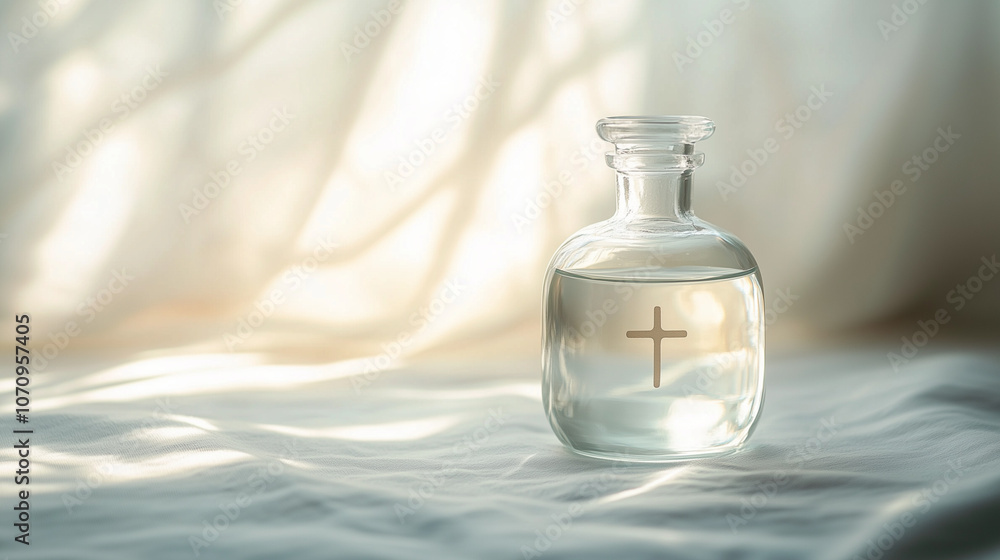 Clear glass bottle with cross engraving in natural light Clear glass bottle with cross engraving in natural light