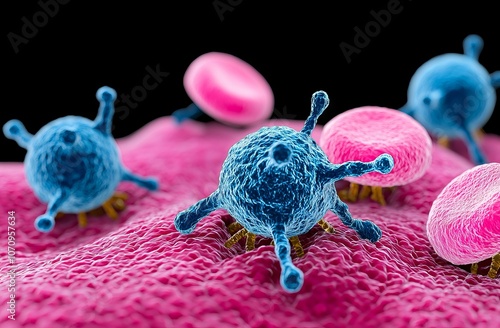 3D illustration of CAR T cell therapy for thyroid cancer