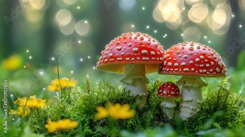 Three red mushrooms with white spots on a mossy forest floor with yellow wildflowers and a magical, sparkling background.