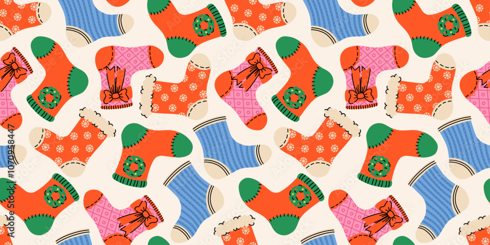 Festive seamless pattern with Christmas socks with xmas ornaments. Noel socks with snowflakes, bows. Red, blue, pink, green. Stockings for holiday projects, gift wrap, textiles, and seasonal backgrop. Festive seamless pattern with Christmas socks with xmas ornaments. Noel socks with snowflakes, bows. Red, blue, pink, green. Stockings for holiday projects, gift wrap, textiles, and seasonal backgrop.