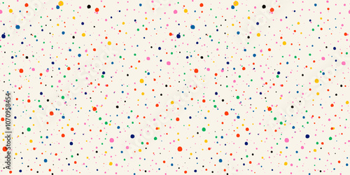 Seamless polka dot pattern with confetti dots on a light background. Carnival backdrop for birthdays. Abstract rainbow splatter. Ink splash for print templates, textiles, and festive wrapping paper.